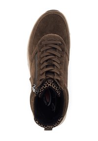 Brown suede sneaker features a lace-up design, side zipper, and leopard print lining with a textured sole.