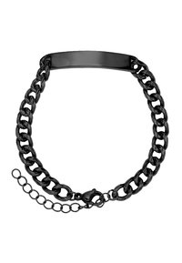 Collana in catena nera in metallo con un centrale a pannello piatto. Presenta maglie con una finitura testurizzata e una chiusura regolabile con catena di estensione.
