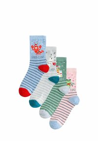 Four pairs of colorful socks featuring designs: a blue sock with a red lobster, gray snowman, green frog, and pink toad. Various patterns and colors.