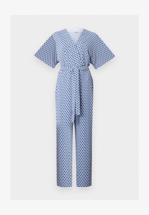 Tuta con stampa geometrica blu e bianca, con maniche corte e cintura in tessuto in vita.
