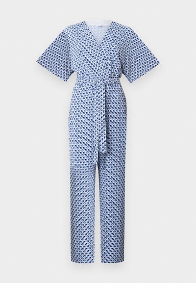 Μπλε και άσπρη ολόσωμη φόρμα με γεωμετρικό σχέδιο, κοντά μανίκια και υφασμάτινη ζώνη στη μέση.