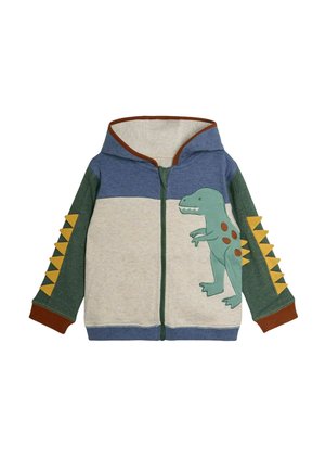 Hooded zip-up sweatshirt with beige, green, blue, and brown colors. Features a dinosaur graphic and triangular accents on sleeves.