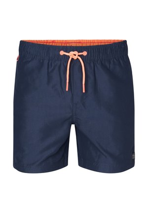 Șorturi de înot navy cu talie elastică și șnur portocaliu. Fabricate dintr-un material ușor, cu un detaliu mic al logo-ului pe lateral.