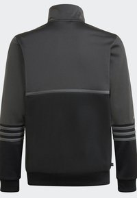 Czarna sportowa kurtka z wysokim kołnierzem, z szarymi akcentami, fakturowanymi rękawami oraz trzema poziomymi pasami blisko mankietów.