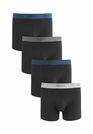 Négy pár fekete boxer alsónadrág, amelyeken kontrasztos kék és szürke rugalmas derékpánt található, rajtuk a "NEXT" felirattal.
