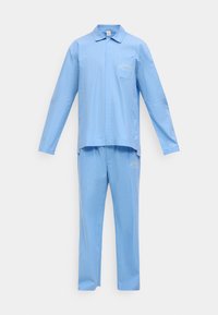 Σετ πιτζάμες με μπλε ρίγες από μαλακό ύφασμα. Το πάνω μέρος διαθέτει γιακά και τσέπη, ενώ το παντελόνι έχει ίσια γραμμή.