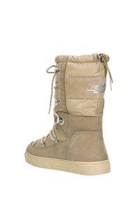 Khaki winterboots met een gevoerde nylon bovenkant, suède onderkant, vetersysteem en rubberen zool. Voorzien van een trekkoord aan de bovenkant voor aanpassingen.