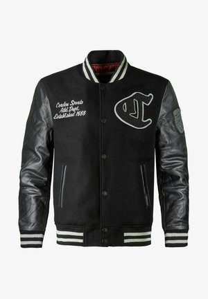 Schwarze Collegejacke mit Wollkörper und Lederärmeln. Ausgestattet mit gestreiften Rippbündchen, Knopfverschluss und bestickten Details.