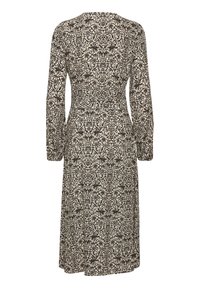Robe midi à manches longues avec taille cintrée, présentant un motif floral noir complexe sur fond beige.