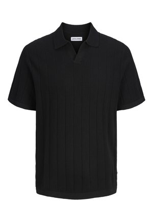 Svart kortermet strikket poloshorte med vertikal ribbestruktur og åpen krage.