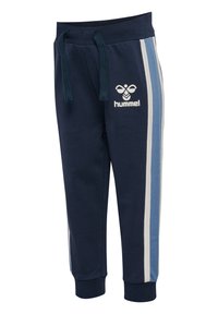 Marina blå bomullsjoggers med ribbade muddar, med en vit logotyp och sidostråker i ljusblått och vitt. Dragsko i midjan för justerbar passform.