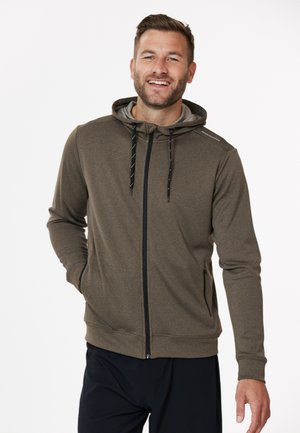 Bruine zip-up hoodie van zachte stoffen, met een trekkoordkap, zijzakken en een contrasterende zwarte rits.