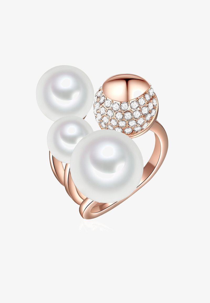 Három nagy, fehér gyöngy és egy kerek, rózsa arany elem, amelyet tiszta kövekkel díszítettek, sima, összefonódott gyűrűn.
