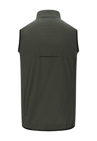 Dunkelgrüne ärmellose Weste mit Stehkragen, sichtbarer Naht über dem oberen Rücken und leicht abgerundetem Saum, von hinten gezeigt.