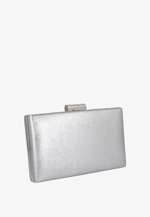 Bolso de mano metálico plateado con forma rectangular, superficie texturizada y cierre de metal acanalado. Diseño sencillo con líneas limpias y sin adornos adicionales.