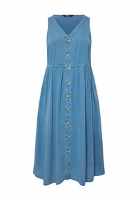 Sininen chambray-mekko, jossa on V-kaula-aukko, hihattomuus ja nappisuljenta edessä. Mekossa on kimaroitu vyötärö ja levenevä hame. Sujuva pinta.
