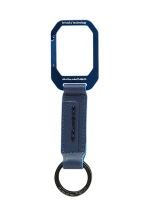Blue keychain featuring a rectangular metal frame with rounded edges, leather strap, and a black circular ring for attachment.