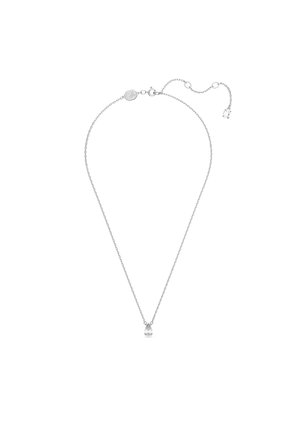 Silberne Halskette mit einer zarten Kette und einem glockenförmigen Anhänger, der an der Basis einen klaren Kristall hat, verstellbare Länge.