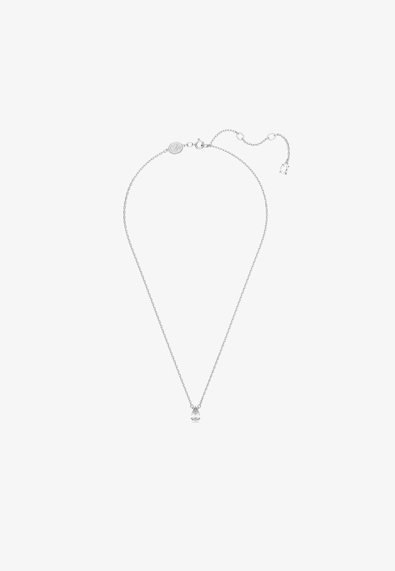 Zilveren ketting met een delicate ketting en een klokvormige hanger, voorzien van een heldere kristal aan de basis, verstelbare lengte.