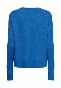Pull en maille bleu doux à manches longues avec un col rond et des poignets et ourlet côtelés, vu de dos.