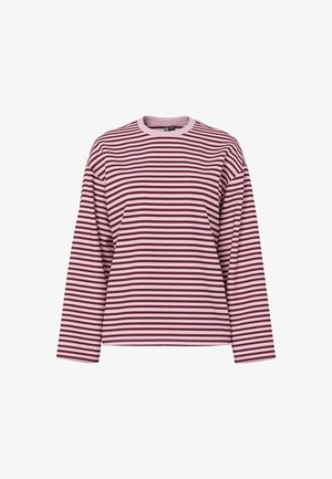 Bluza cu mânecă lungă și guler rotund, cu dungi orizontale roz și roșu închis, prezentată pe fundal alb.