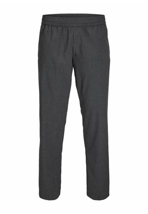 Dark gray, lightweight trousers with an elastic waistband, straight leg design, no pockets, and a smooth texture, suitable for casual wear.