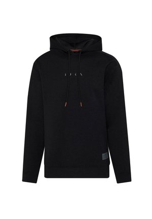 Schwarzer Kapuzenpullover mit vorderen Kordeln, dezentem "BORN"-Text auf der Brust und kleinem rechteckigen Patch nahe dem Saum auf der rechten Seite.