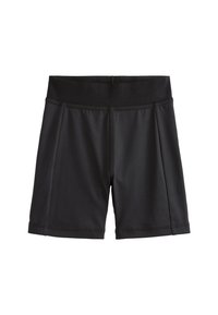 Czarne sportowe szorty wykonane z gładkiego materiału, z szerokim pasem w talii. Posiadają detale szycia oraz luźny krój z bocznymi plisami.