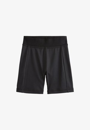 Black athletic shorts made of smooth fabric with a wide waistband. Features stitching details and a relaxed fit with side pleats.