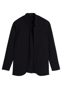 Czarna, długorękawowa marynarka bez zapięcia, wykonana z miękkiej, teksturowanej tkaniny. Posiada gładki dekolt i zaokrąglony dół.