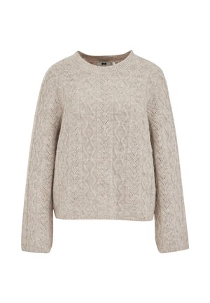 Beige gebreide trui met een ronde halslijn, kabelpatroon en lange mouwen. Gemaakt van zachte, gestructureerde stof, met een relaxte pasvorm.