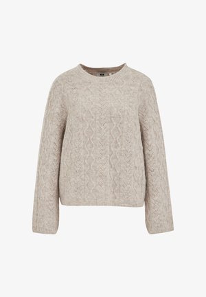 Beige Strickpullover mit Rundhalsausschnitt, Kabelmuster und langen Ärmeln. Aus weichem, strukturiertem Stoff gefertigt und mit einem lässigen Schnitt.