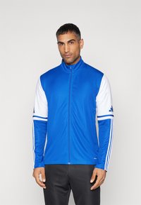 Blå atletisk træningsjakke med hvide ærmer, lynlås foran og stribede detaljer. Fremstillet af glat, let materiale. Tætsiddende design.