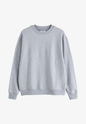 Hellgraues Sweatshirt mit Rundhalsausschnitt, langen Ärmeln und gerippten Bündchen und Saum, auf weißem Hintergrund dargestellt.