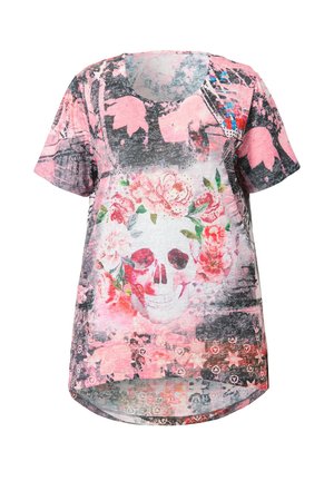 T-shirt à manches courtes en tissu léger. Arbore un imprimé floral et crâne en rose, noir et blanc, avec un col arrondi et un ourlet asymétrique.