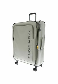 Hard-shell koffer in lichtgrijs met het "MANDARINA DUCK" logo, uitschuifbare handgreep, vier spinwielen en ritssluitingen.