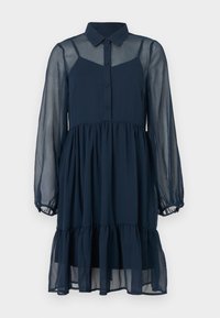 Μπλε ρουά διαφανές φόρεμα με κουμπιά μπροστά, γιακά και μακριά μανίκια. Διαθέτει πολύστρωμη φούστα και λεπτή ραφή κατά μήκος των μανσετών.