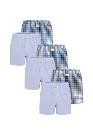 Seis pares de bóxers para hombre con patrones alternos de rayas azules y blancas y cuadros azules, negros y blancos, dispuestos en dos columnas.