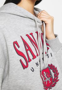 Persona con una felpa grigia con la scritta "SANVILLE UNIVERSITY" e un logo a scudo rosso, mano che tiene il lacciolo della felpa vicino al collo.