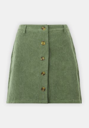 Green corduroy skirt with a fitted design, featuring six round, tortoiseshell buttons down the front, vertical ribbed texture, and side pockets.