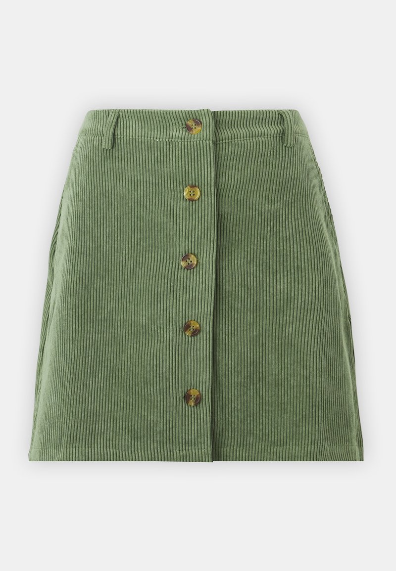 Grüne Cordrock mit schmaler Passform, mit sechs runden, schildpattfarbenen Knöpfen auf der Vorderseite, vertikaler Ripptextur und seitlichen Taschen.
