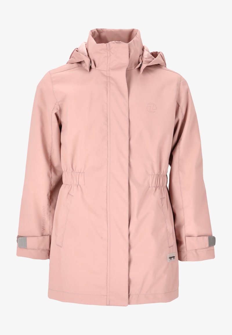 Lyserød, vandafvisende jakke med hætte, indsnøret talje og elastiske manchetter. Har et logo på brystet og grå detaljer på manchetterne.