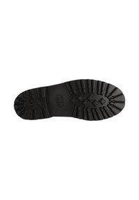 Suola di scarpa in gomma nera con un motivo di battistrada irregolare composto da forme rettangolari e incrociate, che offre aderenza e durabilità.