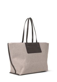 Borsa tote con un corpo in tessuto grigio chiaro e manici e pattina in pelle marrone scuro. Design semplice e spazioso, adatto all'uso quotidiano.