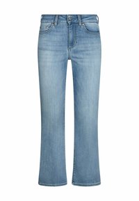 Jean en denim bleu clair avec une coupe droite, style cinq poches, fermeture à boutons sur le devant, et légère décoloration sur les cuisses et les genoux.