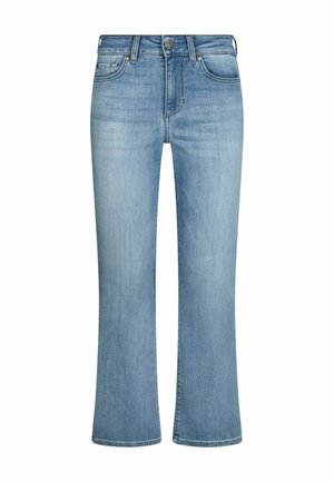 Jean en denim bleu clair avec une coupe droite, style cinq poches, fermeture à boutons sur le devant, et légère décoloration sur les cuisses et les genoux.