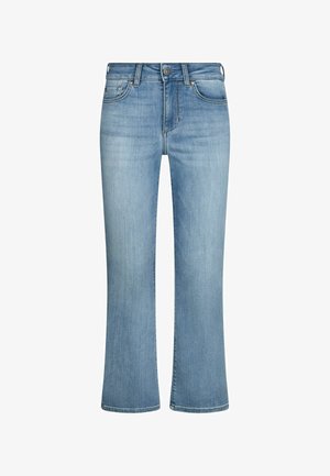 Jean en denim bleu clair avec une coupe droite, style cinq poches, fermeture à boutons sur le devant, et légère décoloration sur les cuisses et les genoux.