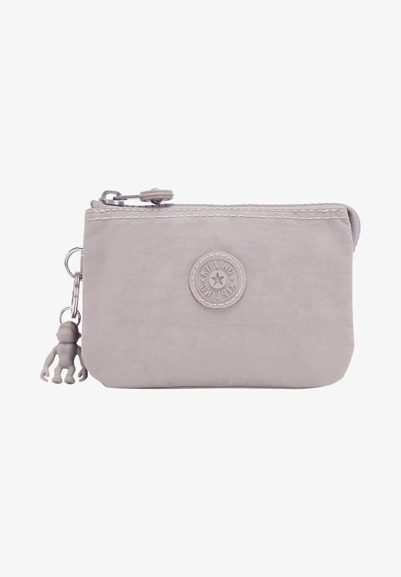 Gray nylon zippered pouch with a textured finish, featuring a round logo and a monkey-shaped zipper pull attached.