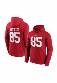 Rote Kapuzenjacke aus Baumwollmischung, mit weißem Text "KITTLE" über "85" auf dem Rücken und einer Kängurutasche auf der Vorderseite sowie einer verstellbaren Kapuze.