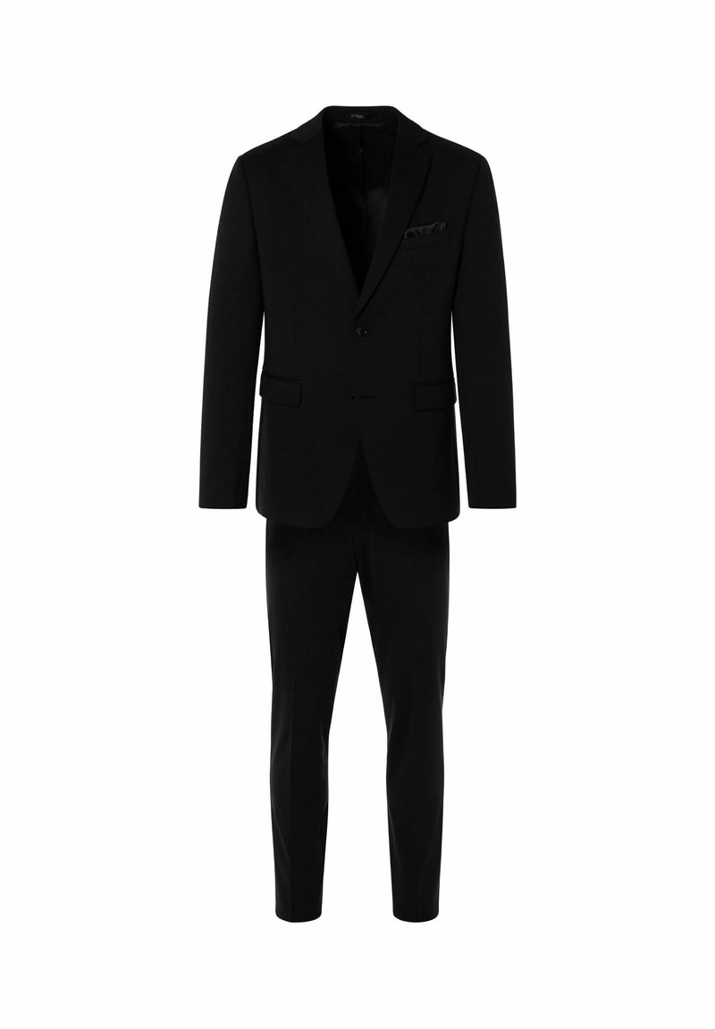 Schwarzes Anzug-Set mit einem maßgeschneiderten Blazer mit einem einzelnen Knopfverschluss und passenden schlanken Hosen. Glattes Gewebe mit matter Oberfläche.